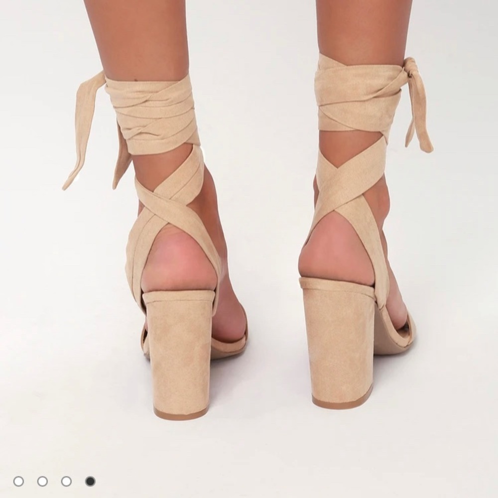 Lulus Alta Light Nude Suede Lace up Heels - Picture 4 of 6